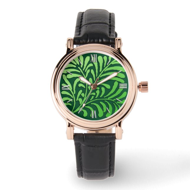 Montre Motif de fougères Art déco - tons verts (Recto)