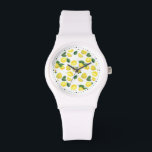 Montre Motif de fruits aux citrons jaunes<br><div class="desc">Une montre avec un mignon motif de citrons jaunes avec des feuilles verts et des tranches de citron fraîchement coupé.</div>
