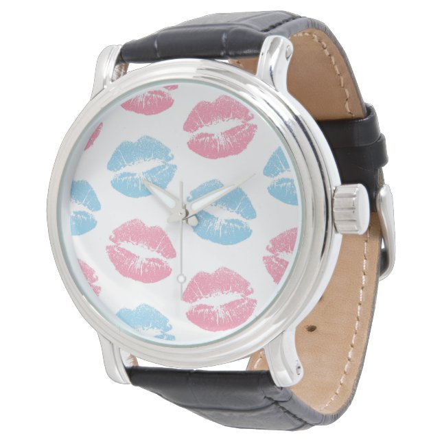 Montre Motif de lèvres bleues et roses, Lipstick, Baiser (Incliné)