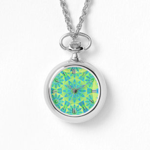 Montre Motif de mandala, turquoise, bleu, vert de chaux