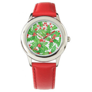 Montre Motif de Noël à l'aquarelle de baie blanche