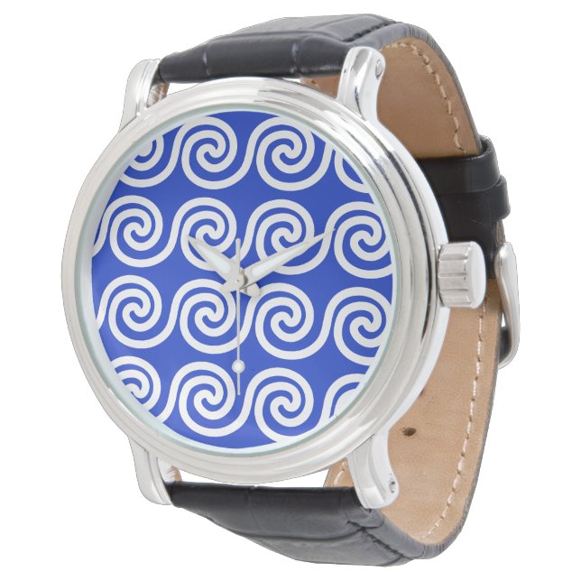 Montre Motif de vagues de clé Méandre grec bleu (Incliné)