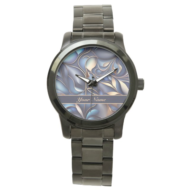 Montre Motif de vrilles 3D bleu doré (devant)