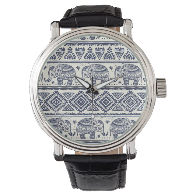 Montre Motif d'éléphant ethnique bleu (devant)