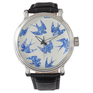 Montre Motif d'oiseaux avirés bleu aquarelle