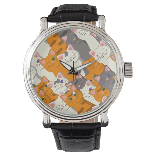Montre Motif en diagonale du chat noir blanc gingembre (devant)