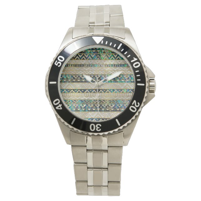 Montre Motif ethnique tribal Gold sur Abalone Shell Pearl (devant)