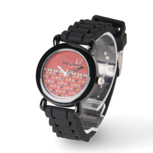Montre Motif floral de monogramme Girly sur le rouge de
