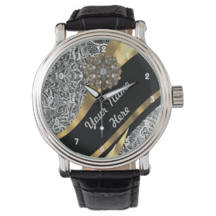 Montre Motif floral noir et blanc de damassé