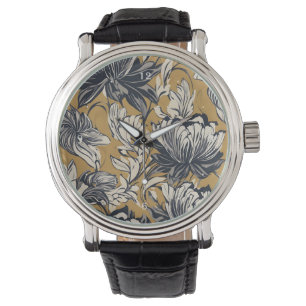 Montre Motif floral noir et blanc élégant sur fond doré m