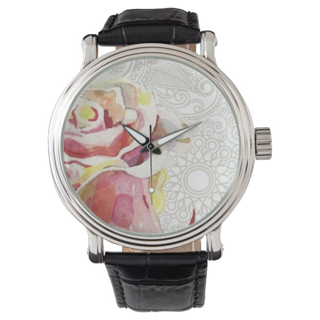 Montre Motif Floral Orné Avec Rose Aquarelle Rose (devant)