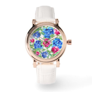 Montre Motif floral rose et bleu vif joli