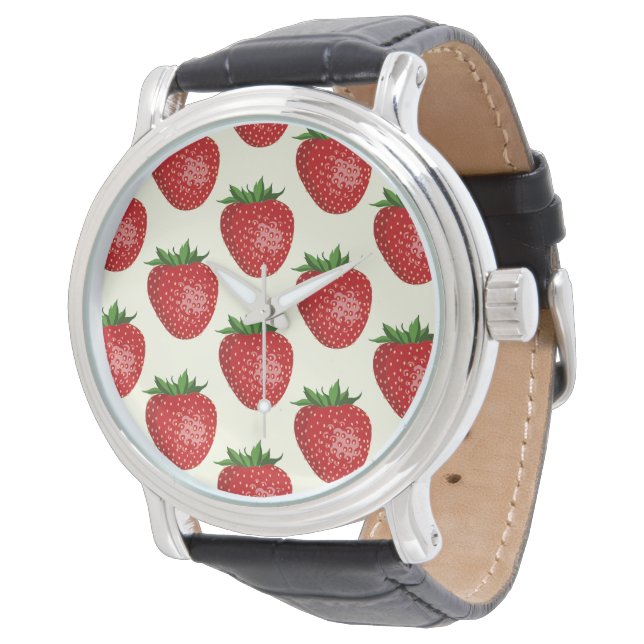 Montre Motif Fraise, Fraises Rouges, Fruit, Feuille (Incliné)
