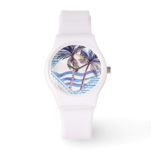 Montre Motif géométrique pourpre de palmier d'aquarelle