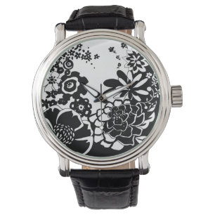 Montre Motif graphique de jardin floral noir et blanc