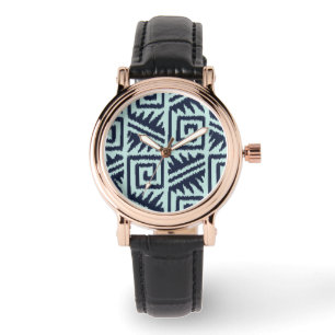 Montre Motif Ikat Aztec - Indigo et bleu clair