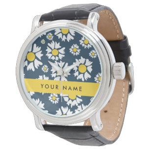 Montre Motif marguerite, marguerites blanches, Votre Nom