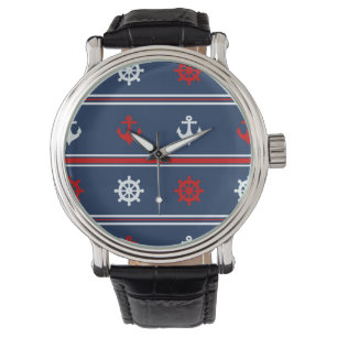 Montre Motif nautique blanc et bleu rouge