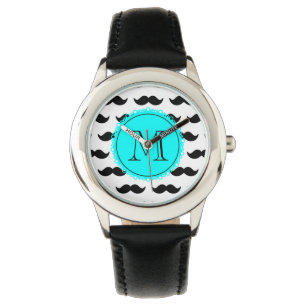 Montre Motif noir de moustache, monogramme de bleu d'Aqua