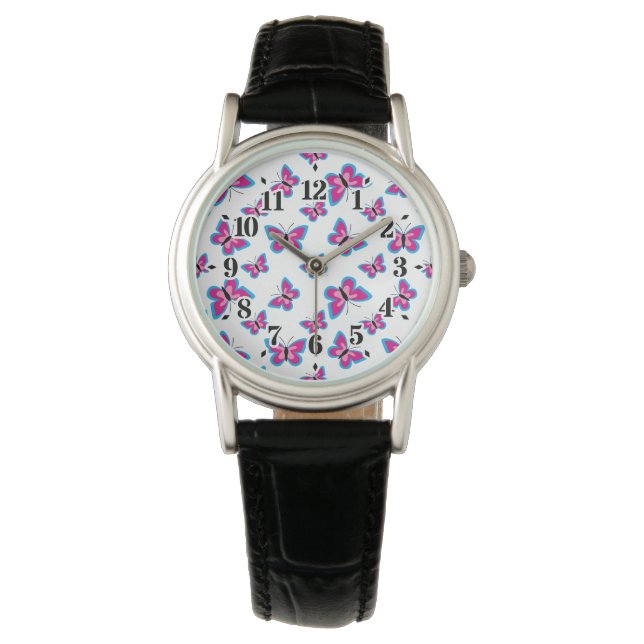 Montre Motif papillon rose bleu (devant)