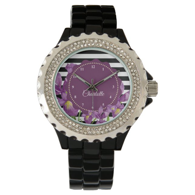 Montre Motif rayures noir blanc Iris violet aquarelle (devant)