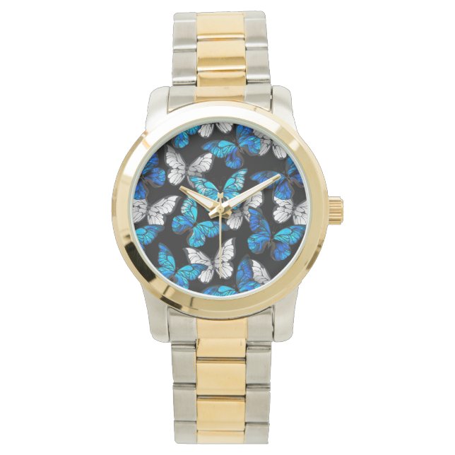 Montre Motif sans couleur foncée avec papillons bleus Mor (devant)