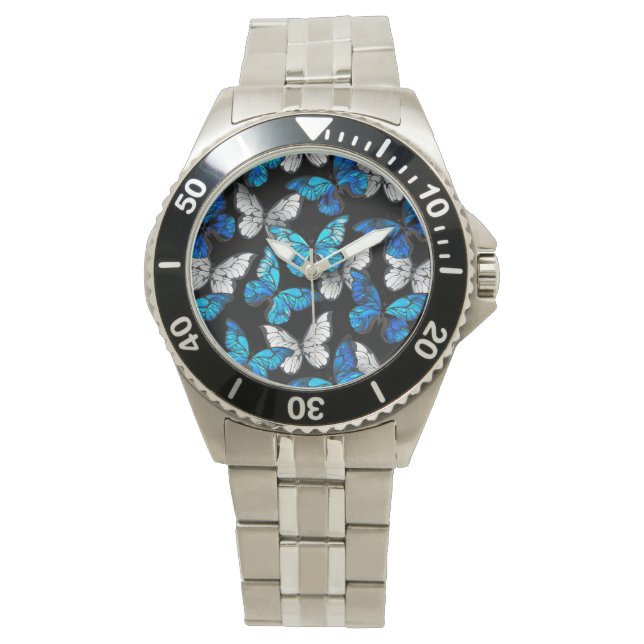 Montre Motif sans couleur foncée avec papillons bleus Mor (devant)