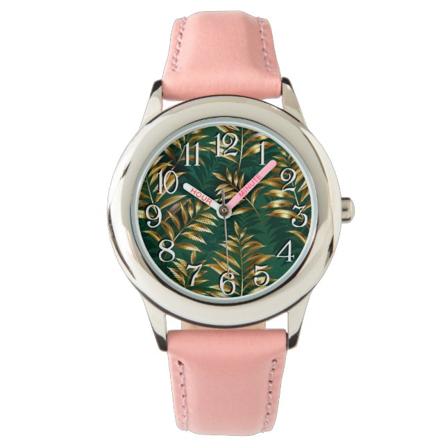 Montre Motif sans couture avec des fougères dorées (devant)