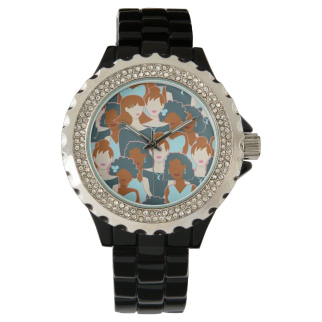 Montre Motif sans couture avec filles noires et blanches (devant)
