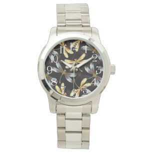 Montre Motif sans couture avec libellules d'or