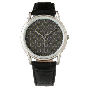 Montre Motif simple et élégant en nid d'abeille noir jaun