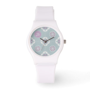 Montre Motif symétrique à carreaux de fleurs roses