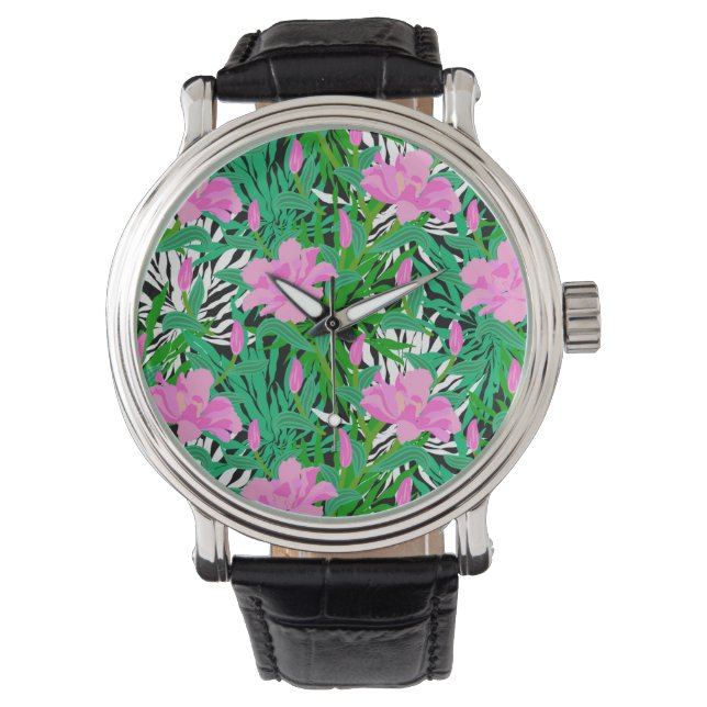 Montre Motif tropical aux fleurs de la jungle (devant)