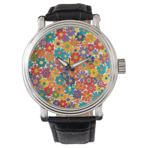 Montre Motif vibrant rétro années 60 Fleur de pouvoir flo