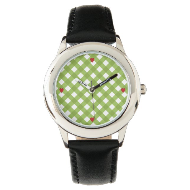 Montre Motif vichy vert avec coeurs rouges (devant)