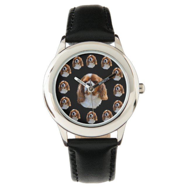 Montre Motif Visage Chien Espagnol Cavalier, Cuir Enfants (devant)