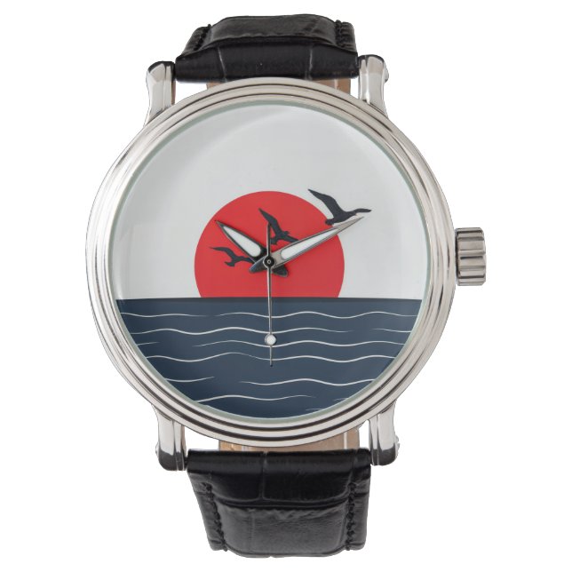 Montre Mouettes sur Soleil Rouge avec Océan (devant)