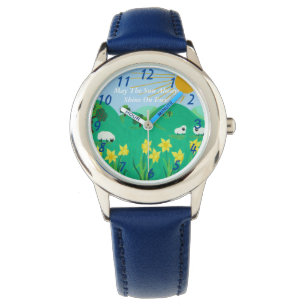 Montre moutons mignons avec des collines ciel bleu et