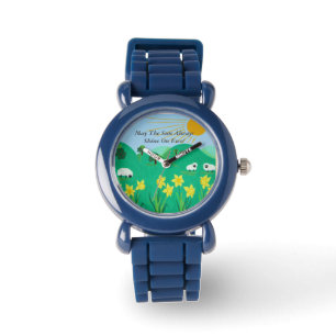 Montre moutons mignons avec des collines ciel bleu et