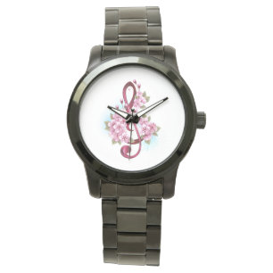 Montre Musical treble clef notes with sakura flowers