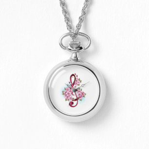 Montre Musical treble clef notes with sakura flowers