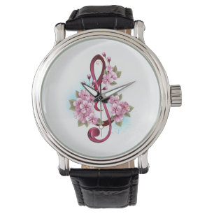 Montre Musical treble clef notes with sakura flowers