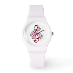 Montre Musical treble clef notes with sakura flowers