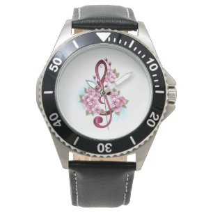 Montre Musical treble clef notes with sakura flowers