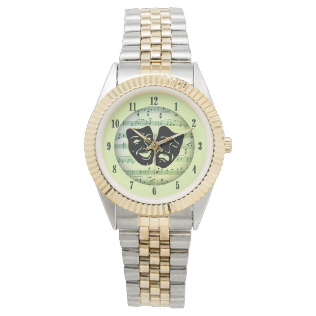 Montre Musique verte et masques de théâtre (devant)