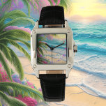 Montre My Happy Place Beach Carré<br><div class="desc">My Happy Place Beach Watch avec un élégant visage carré pour les femmes peut être personnalisé avec votre message et votre image. Profitez de votre endroit heureux toute l'année !</div>