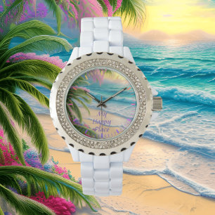 Montre My Happy Place Beach Rhinestone en blanc