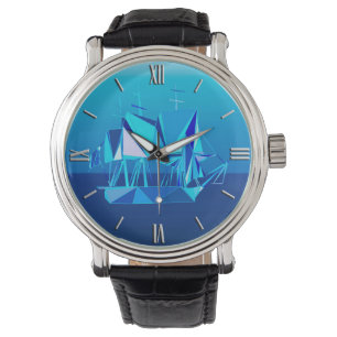 Montre Navire à Clipper géométrique moderne, Bleu Cobalt
