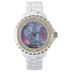 Montre NAVIRE ANTIQUE, VAGUES MARINES, Bleu bleu marine