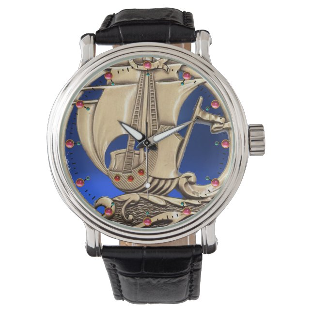 Montre NAVIRE ANTIQUE, VAGUES MARINES, Bleu marine (devant)